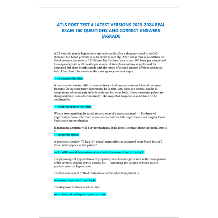 ATLS Post Test 4 Latest Versions Real Exam 160 Questions And Correct Answers Agrade Test Bank Guide 2