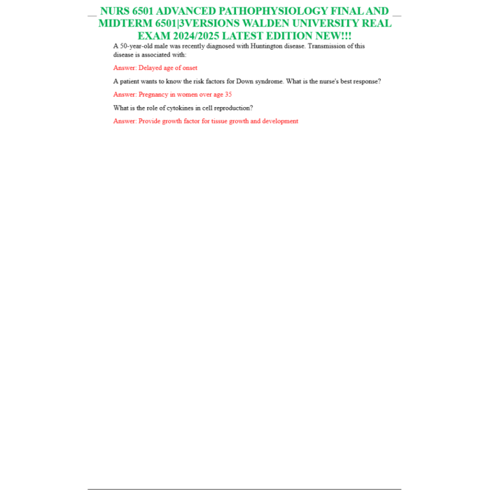 Nurs 6501 Advanced Pathophysiology Final And Midterm 65013versions Walden University Real Exam 20242025 Latest Edition New Test Bank Guide 4