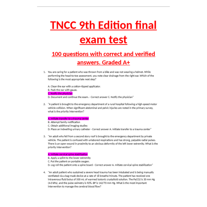 TNCC 9th Edition final exam test 100 questions with correct and verified answers Graded A Test Bank Guide 2