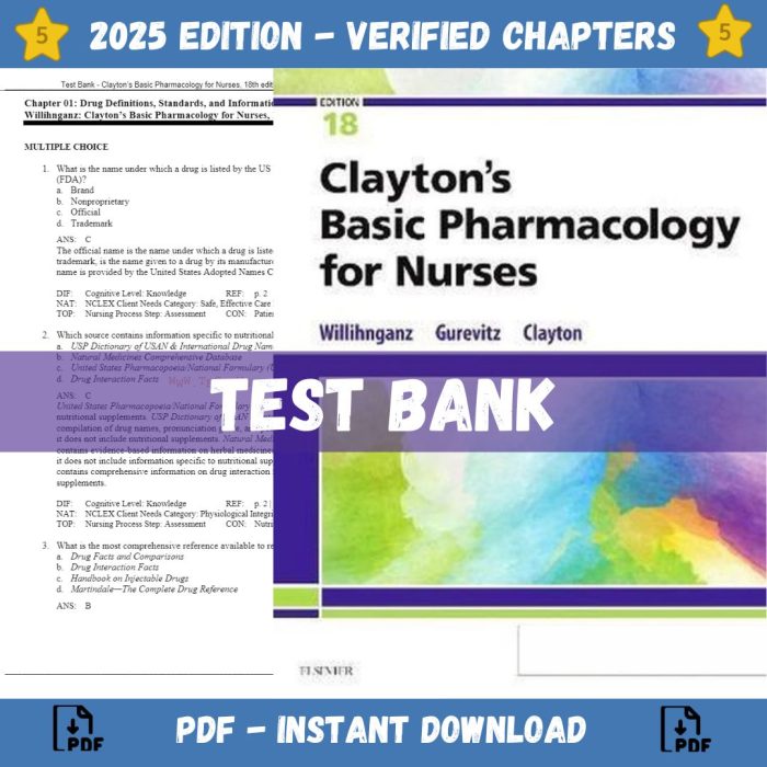 Test Bank Claytons Basic Pharmacology for Nurses 18th edition Willihnganz 2020 Test Bank Guide
