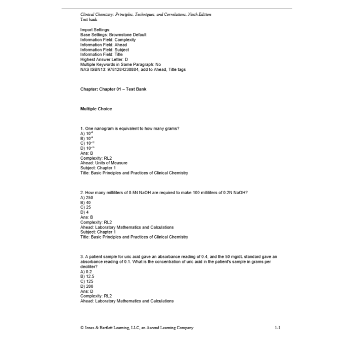 Test Bank For Clinical Chemistry Principles Techniques and Correlations 9th Edition By Bishop Test Bank Guide 3