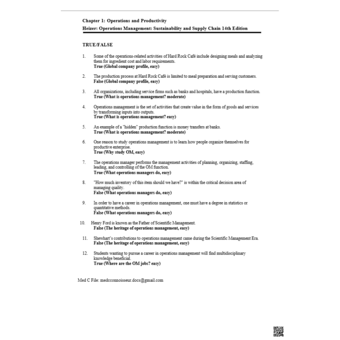 Test Bank For Operations Management Sustainability and Supply Chain Management 14th Edition By Heizer Test Bank Guide 3