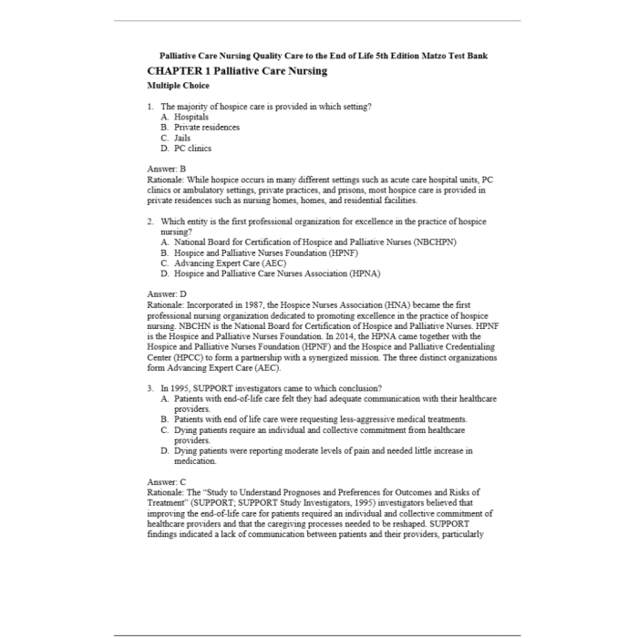 Test Bank For Palliative Care Nursing Quality Care to the End of Life 5th Edition By FAAN Matzo Test Bank Guide 2
