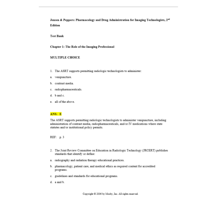 Test Bank For Pharmacology and Drug Administration for Imaging Technologists 2nd Edition By Jensen Test Bank Guide 2