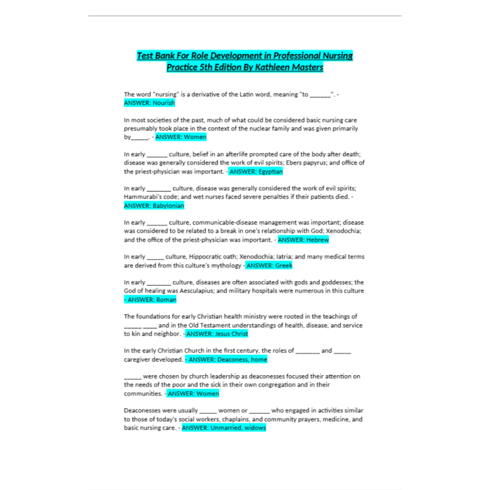 Test Bank For Role Development in Professional Nursing Practice 5th Edition By Masters Test Bank Guide 2
