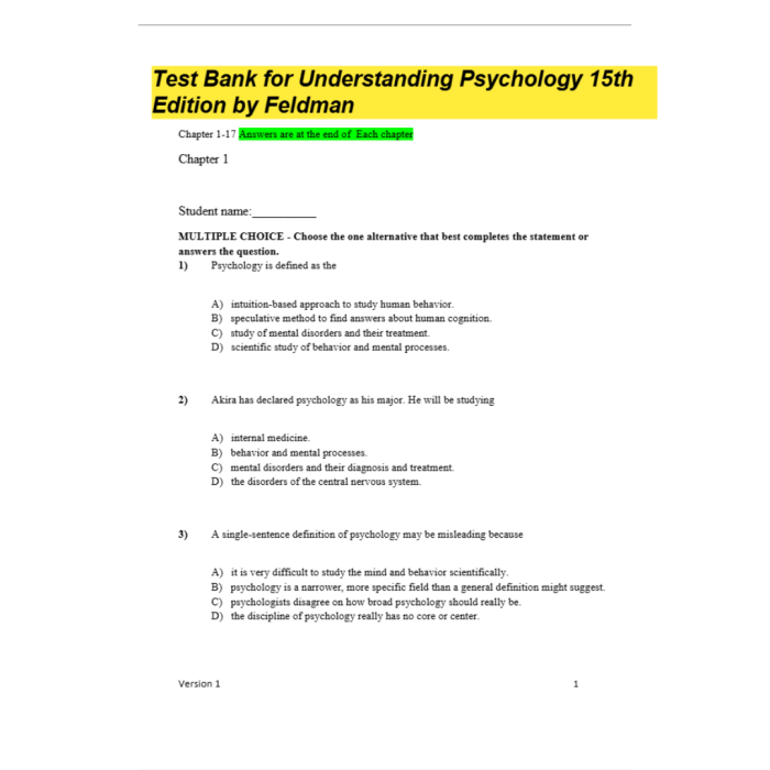 Test Bank For Understanding Psychology 15th Edition By Feldman Test Bank Guide 2