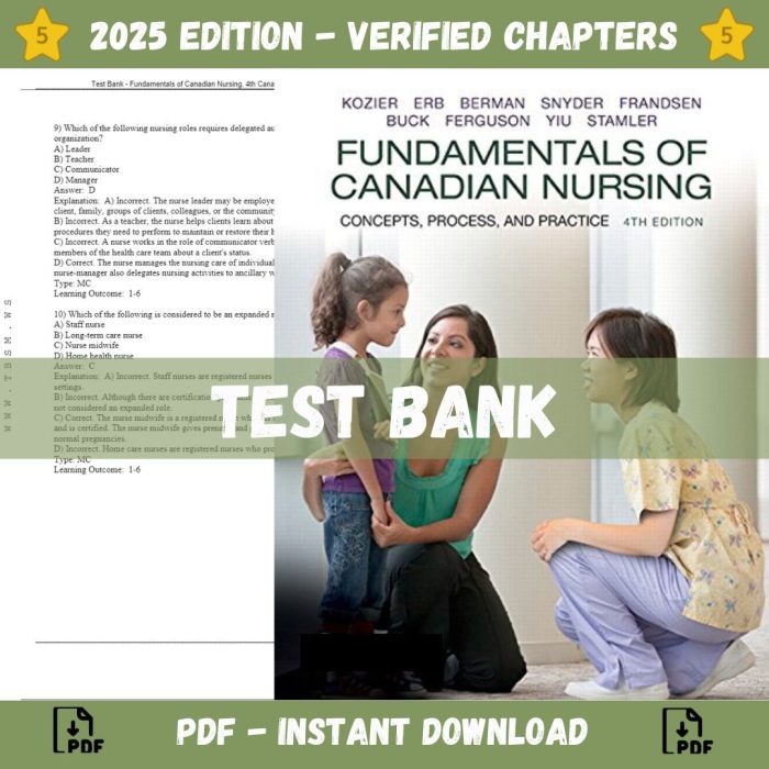 Test Bank – Fundamentals of Canadian Nursing Concepts, Process, and Practice, Kozier, 4th Canadian Edition (Kozier, 2018)