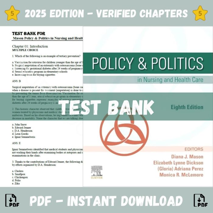 Test Bank Mason policy politics in nursing and health care 8th edition Elizabeth Lynne Mason Diana 2020 Test Bank Guide