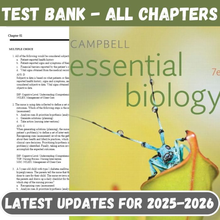 Test Bank for Campbell Essential Biology with Physiology Chapters, 7th Edition by Simon
