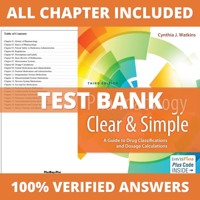Test Bank for Pharmacology Clear and Simple A Guide to Drug Classifications and Dosage Calculations 3th Edition Watkins 2019 Test Bank Guide