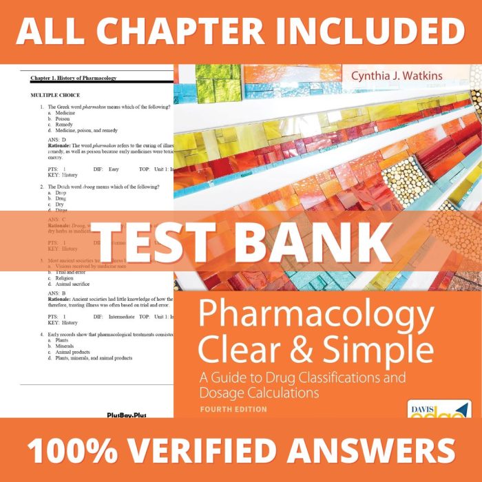 Test Bank for Pharmacology Clear and Simple A Guide to Drug Classifications and Dosage Calculations 4th Edition Watkins 2022 Test Bank Guide